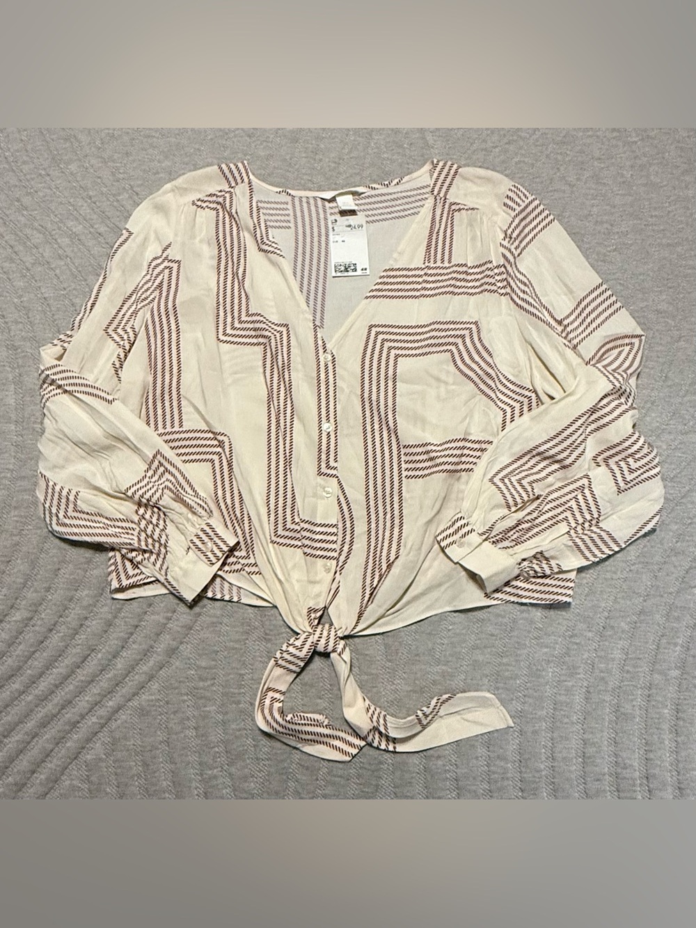 H&M Cream Tie-Front Blouse with Brown Geometric Stripes